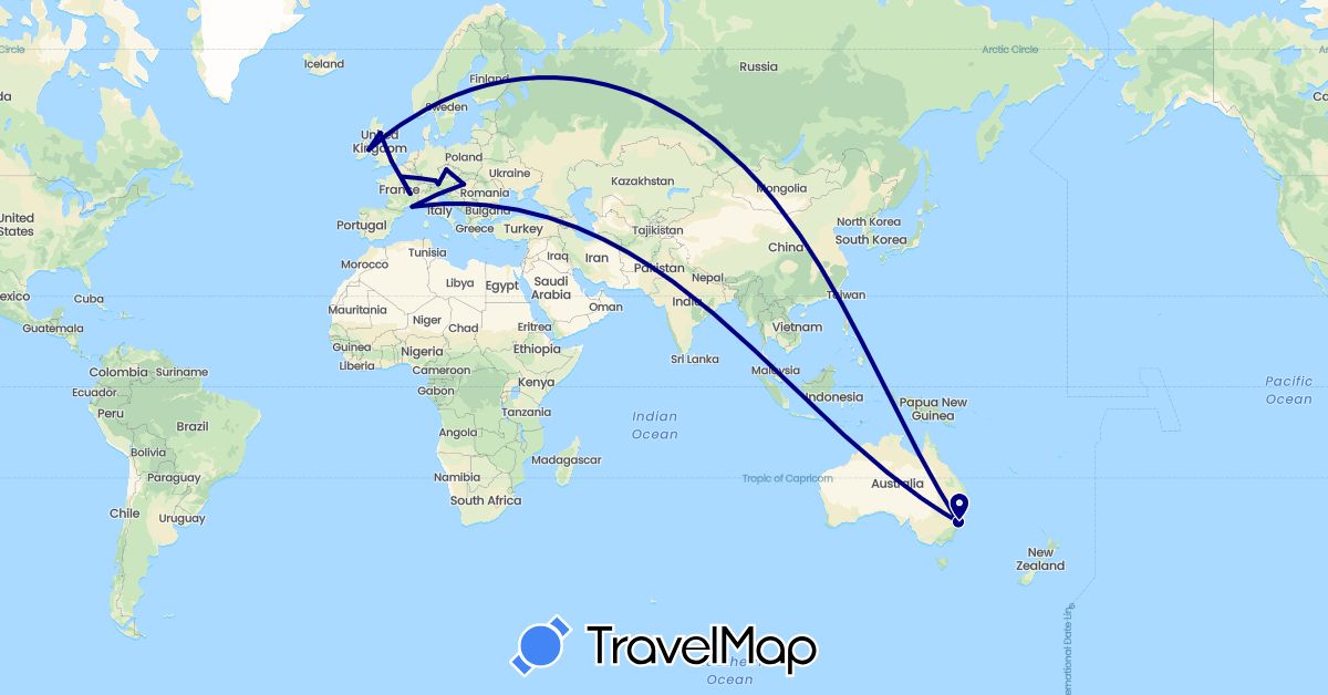 TravelMap itinerary: driving in Austria, Australia, Czech Republic, Germany, France, United Kingdom, Hungary, Ireland (Europe, Oceania)